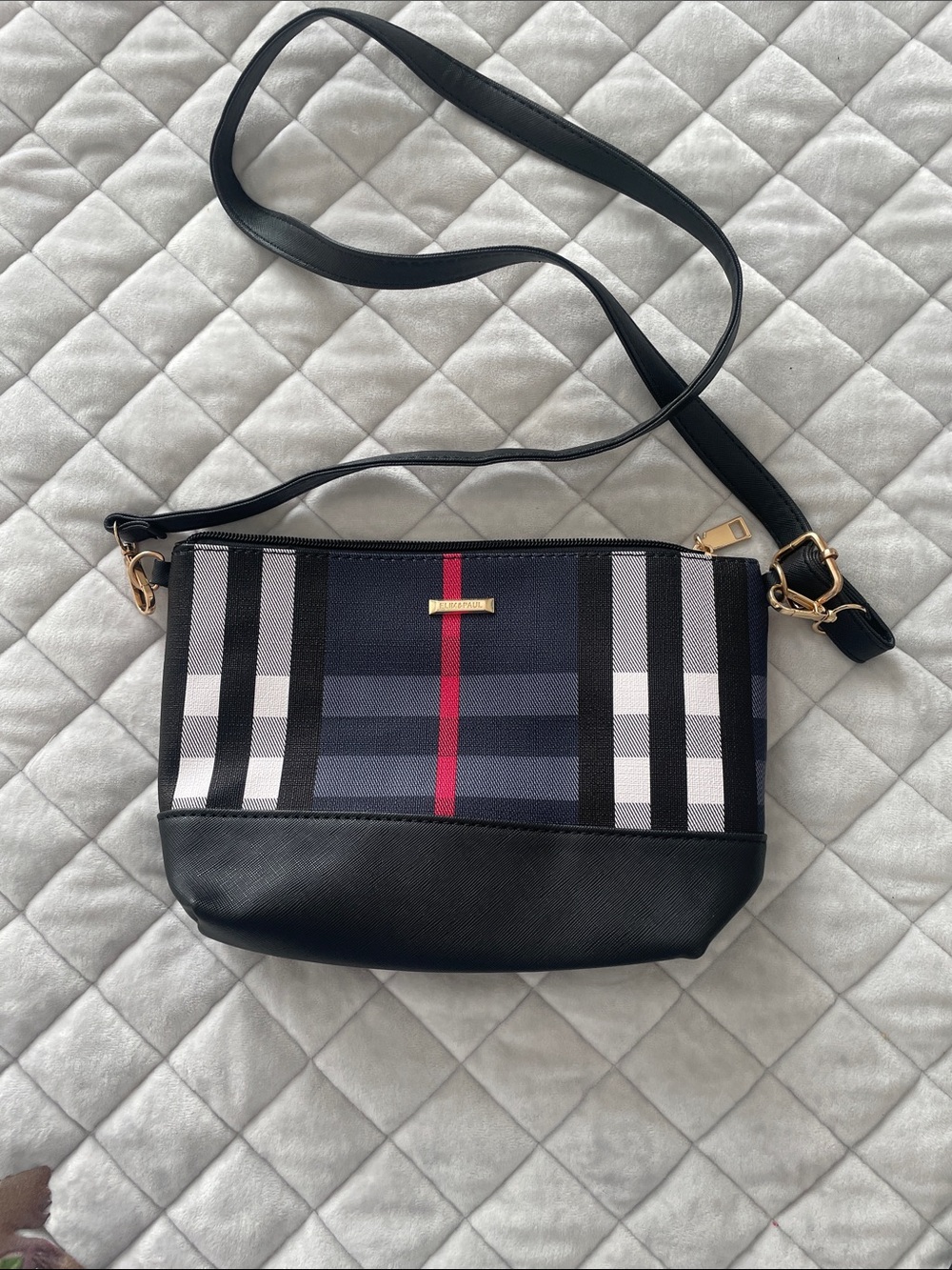 Elim& Paul Black Plaid Crossbody Bag with Gold Accents